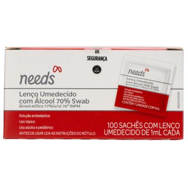 Lenço Umedecido para Assepsia Álcool Swab 70% Needs 100 Sachês