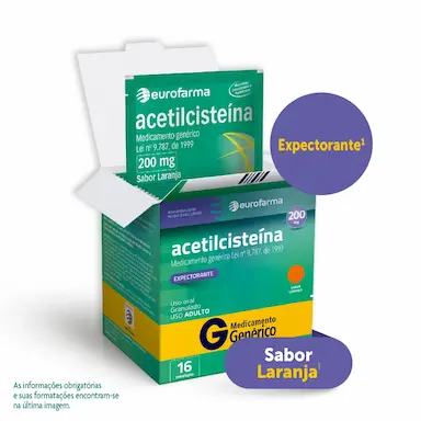 Acetilcisteína 200mg Granulado Sabor Laranja 16 envelopes Eurofarma Genérico