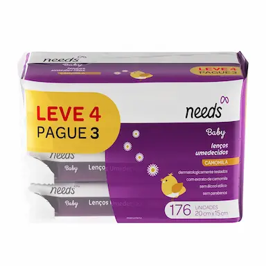 Kit Lenço Umedecido Needs Baby Camomila 4 pacotes com 44 unidades cada