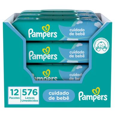 Kit Lenço Umedecido Pampers Cuidado de Bebê 48 unidades 12 pacotes