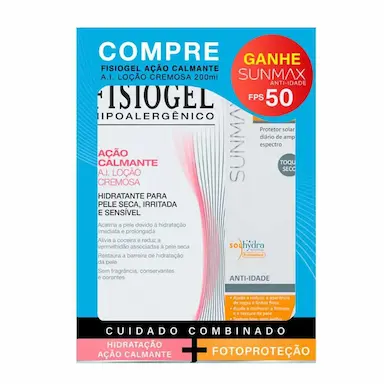 Kit Loção Cremosa Fisiogel Ação Calmante A.I. 200ml + Protetor Solar Facial Sunmax Anti-Idade FPS 50 60ml Grátis