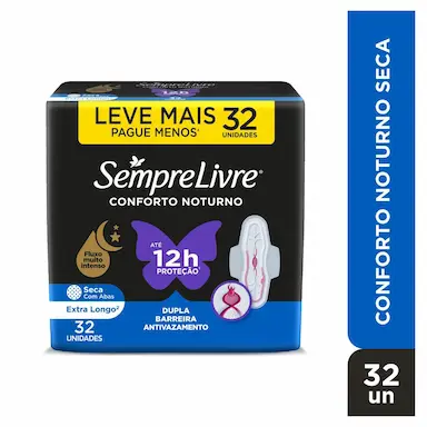 Absorvente Sempre Livre Conforto Noturno Cobertura Seca Com Abas 32 unidades