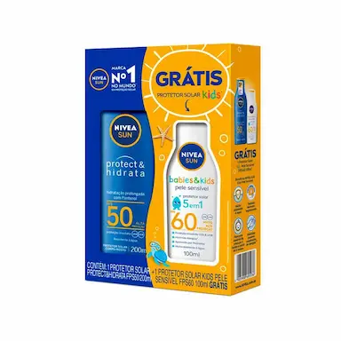 Kit Protetor Solar Corporal Nivea Sun Protect & Hidrata com 1 Protetor Infantil Kids FPS 60 100ml + 1 Protetor Adulto FPS 50 200ml