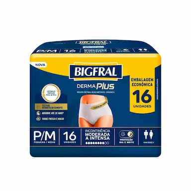 Roupa Íntima Descartável Unissex Bigfral Derma Plus P/M Absorção Moderada a Intensa 16 unidades