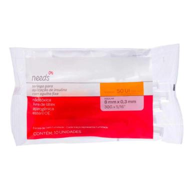 Seriga Insulina 50UI Agulha Fixa 8mm x 0,3mm Needs 10un