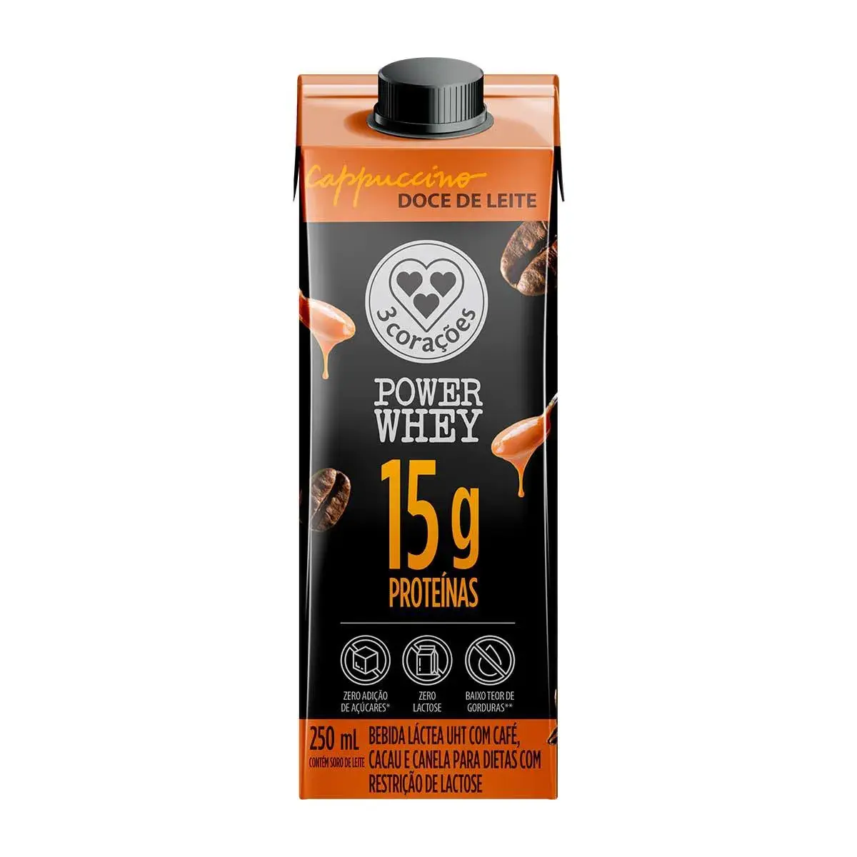 Cappuccino 3 Corações Power Whey Zero Lactose Doce de Leite Caixa 250ml