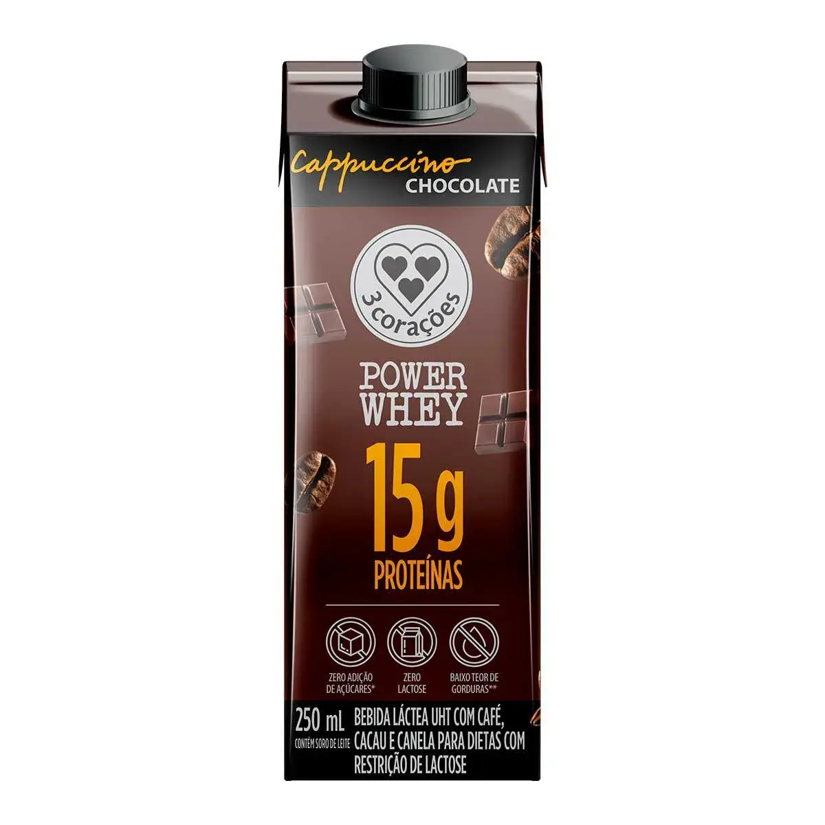 Cappuccino 3 Corações Power Whey Zero Lactose Chocolate Caixa 250ml