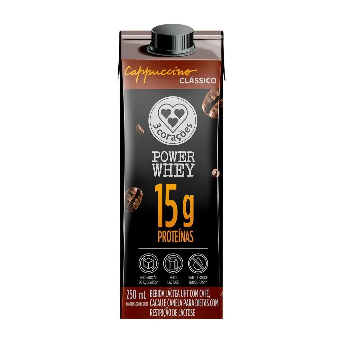 Cappuccino 3 Corações Power Whey Zero Lactose Clássico Caixa 250ml