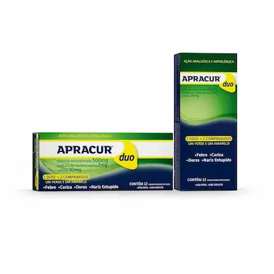Apracur Duo Dipirona Monoidratada 500mg + Maleato de Clorfeniramina 2mg + Cafeína 30mg 12 comprimidos