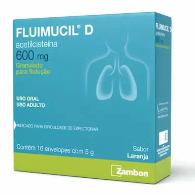 Fluimucil D Acetilcisteína 600mg Granulado Sabor Laranja Solução Oral 16 envelopes de 5g cada
