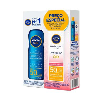 Kit Nivea Sun Protetor Solar Protect & Hidrata FPS 50 200ml + Facial Beauty Expert Anti-Idade Q10 FPS 50 50g
