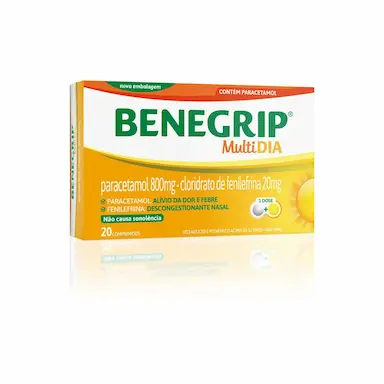 Benegrip MultiDia Paracetamol 800mg + Cloridrato Fenillefrina 20mg 20 comprimidos