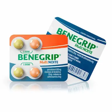 Benegrip MultiNoite Paracetamol 800mg + Cloridrato Fenillefrina 20mg + Maleato de Carbinoxamina 4mg 4 comprimidos