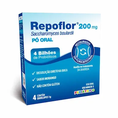 Probiótico Repoflor Pediátrico 200mg Pó Oral Sabor Morango 4 envelopes de 1g