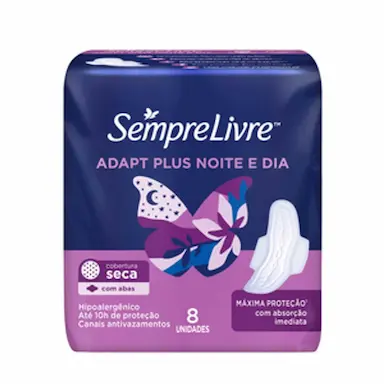Absorvente Sempre Livre Adapt Plus Noite e Dia Cobertura Seca Com Abas com 8 unidades