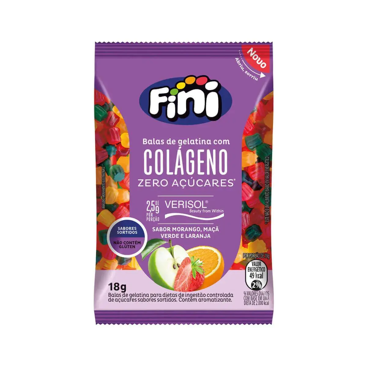 Bala de Gelatina Fini Bem-Estar Colágeno Morango, Maçã Verde e Laranja com 18g