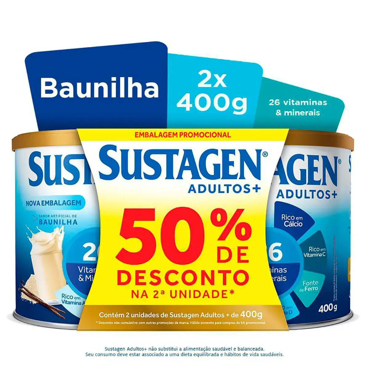 Kit Suplemento Alimentar Sustagen Adultos+ Baunilha com 2 unidades de 400g