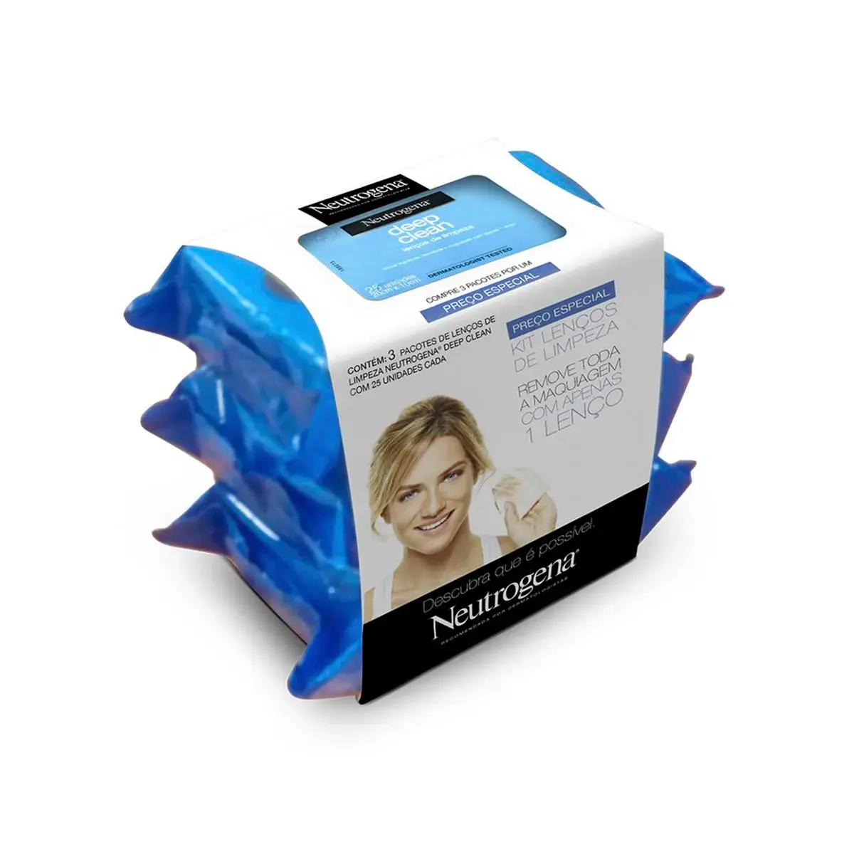 Kit Lenços de Limpeza Facial e Demaquilante Neutrogena Deep Clean com 3 pacotes de 25 unidades