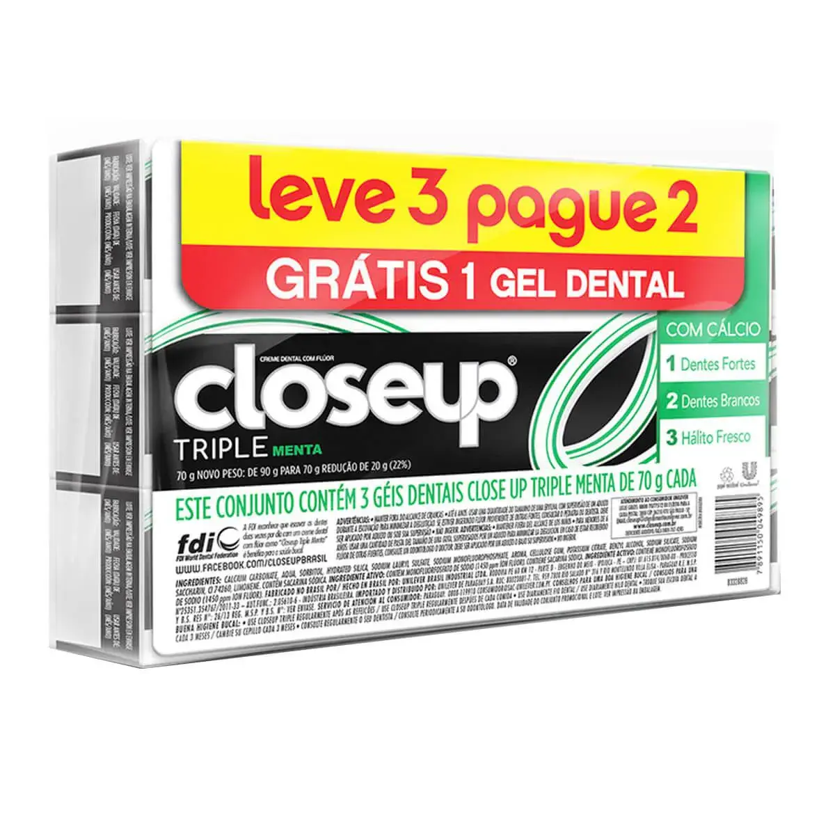 Kit Pasta de Dente Close Up Triple Menta com 3 unidades de 70g cada