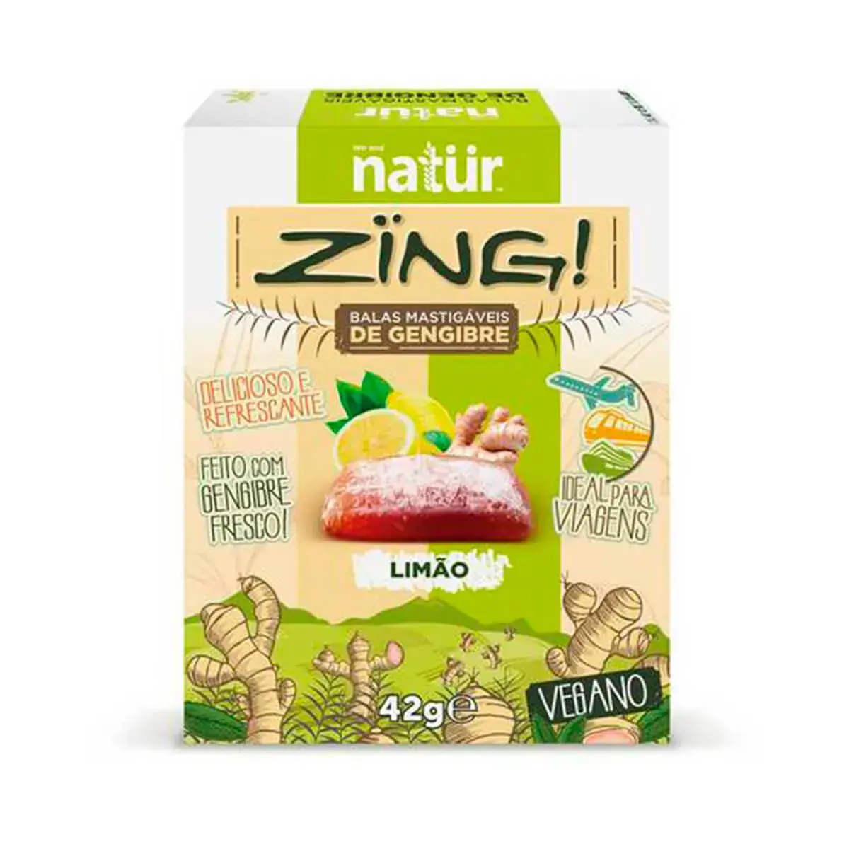 Bala Vegana de Gengibre Natur Zing Sabor Limão com 42g