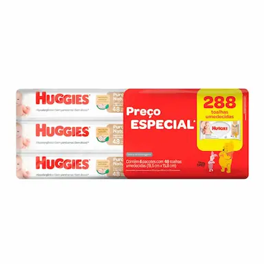 Kit Lenço Umedecido Huggies Puro e Natural com 6 pacotes de 48 unidades cada