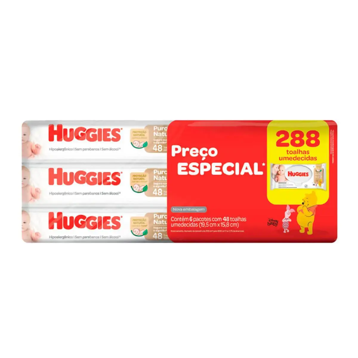 Kit Lenço Umedecido Huggies Puro e Natural com 6 pacotes de 48 unidades cada