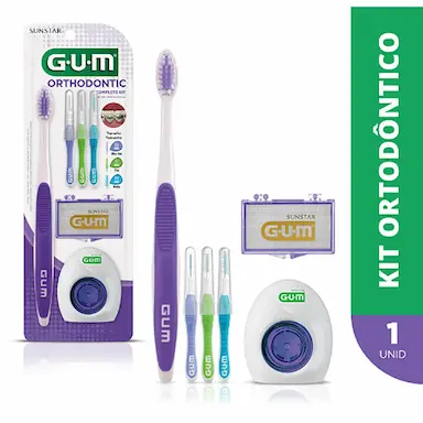 Kit Ortodôntico G.U.M Orthodontic com 1 escova de dente + 3 escovas interdentais + 5 bastões de cera + 5 fios dentais com ponta dupla rígida