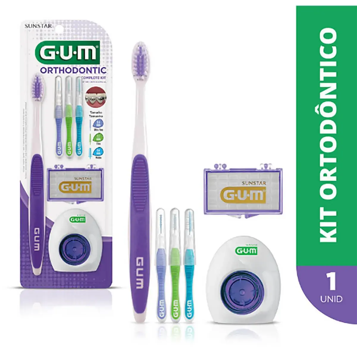 Kit Ortodôntico G.U.M Orthodontic com 1 escova de dente + 3 escovas interdentais + 5 bastões de cera + 5 fios dentais com ponta dupla rígida