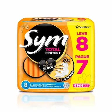 Absorvente Sym Total Protect Seca com Abas com 8 Unidades Protetor Solar Actine Fresh Corporal FPS 30 150g Regulador Intestinal 20 bi com 10 cápsulas 