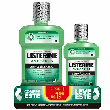 Kit Enxaguante Bucal Listerine Anticáries Zero Álcool Sabor Menta com 500ml + 250ml