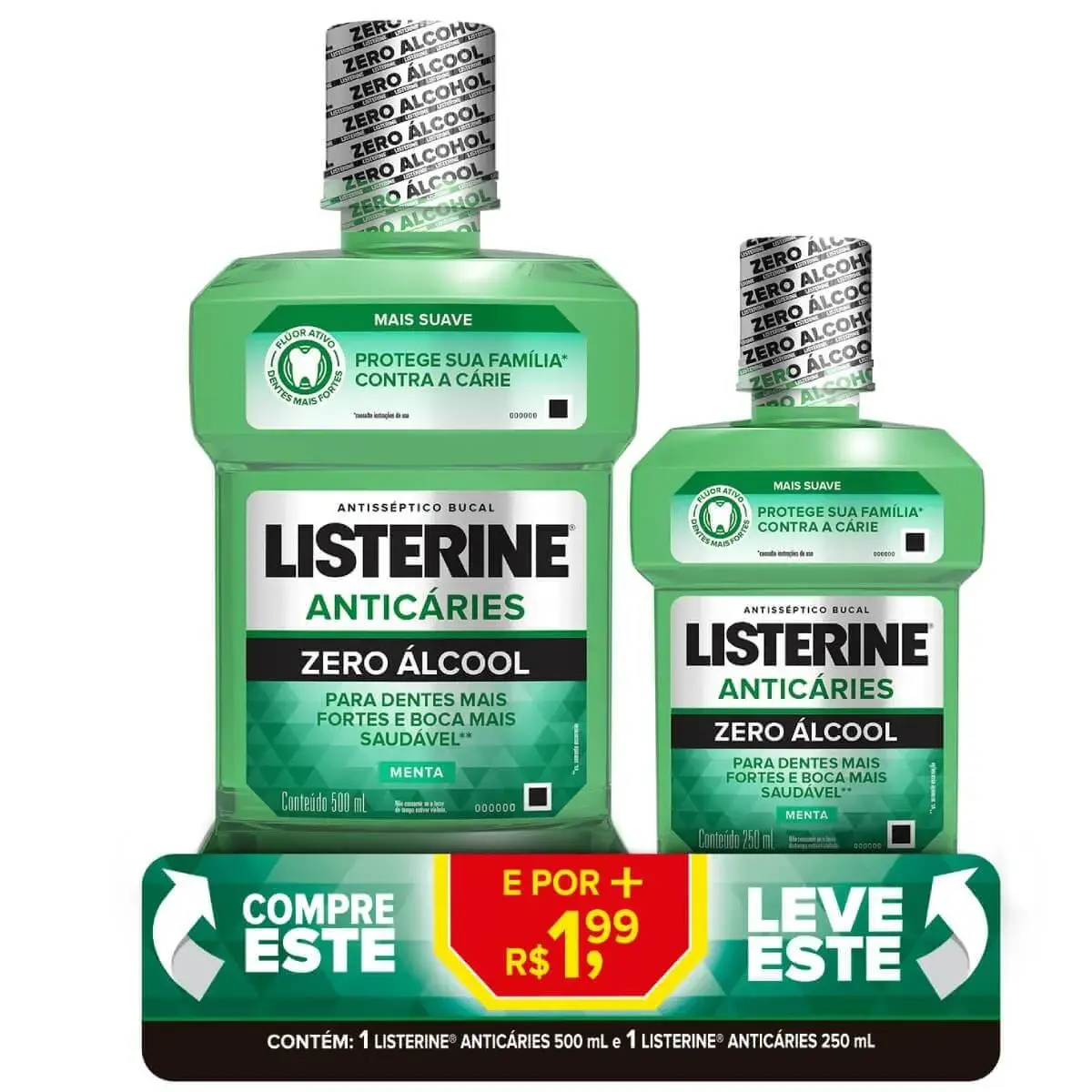Kit Enxaguante Bucal Listerine Anticáries Zero Álcool Sabor Menta com 500ml + 250ml