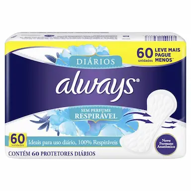 Protetor Diário Always Sem Perfume Respirável com 60 unidades