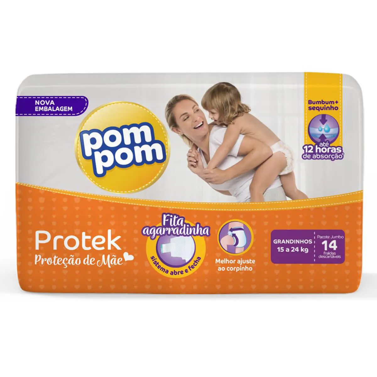 Fralda Pom Pom Protek Proteção de Mãe Grandinhos 15 a 24kg - 14 Unidades