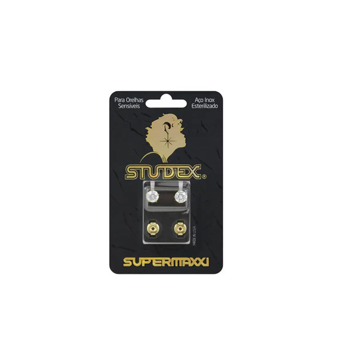 Brinco Studex Supermaxxi Dourado Pedra Branca com 1 par