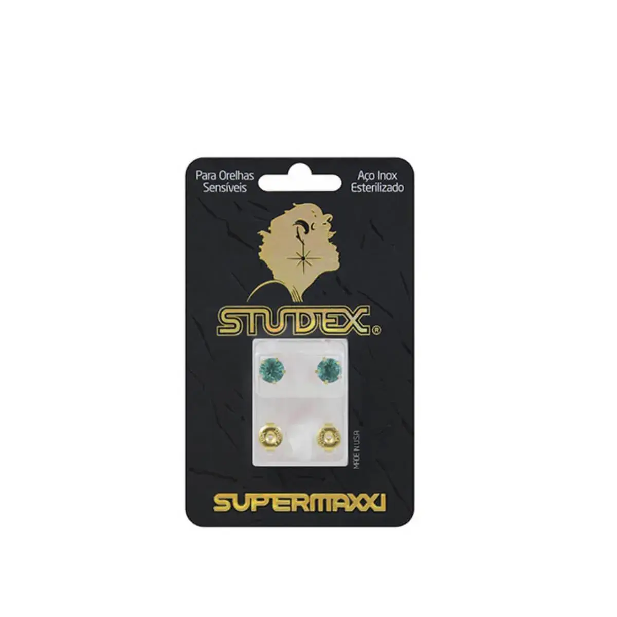 Brinco Studex Supermaxxi Dourado Pedra Verde com 1 par