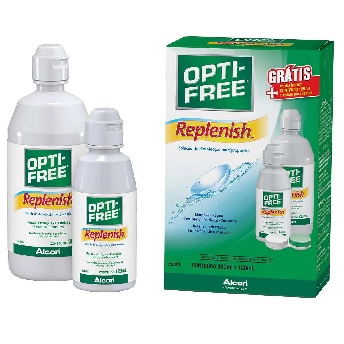Kit Opti-Free Replenish 1 Solução Oftálmica 300ml + 1 Solução Oftálmica 120ml + 1 Estojo para Lentes de Contato
