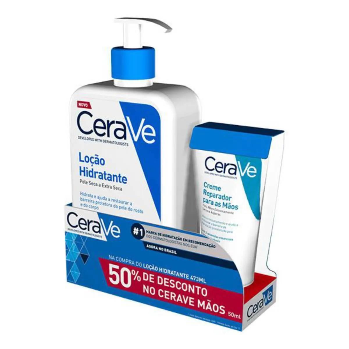 Kit CeraVe Loção Hidratante Corporal com 473ml + Creme Reparador de Mãos com 50ml