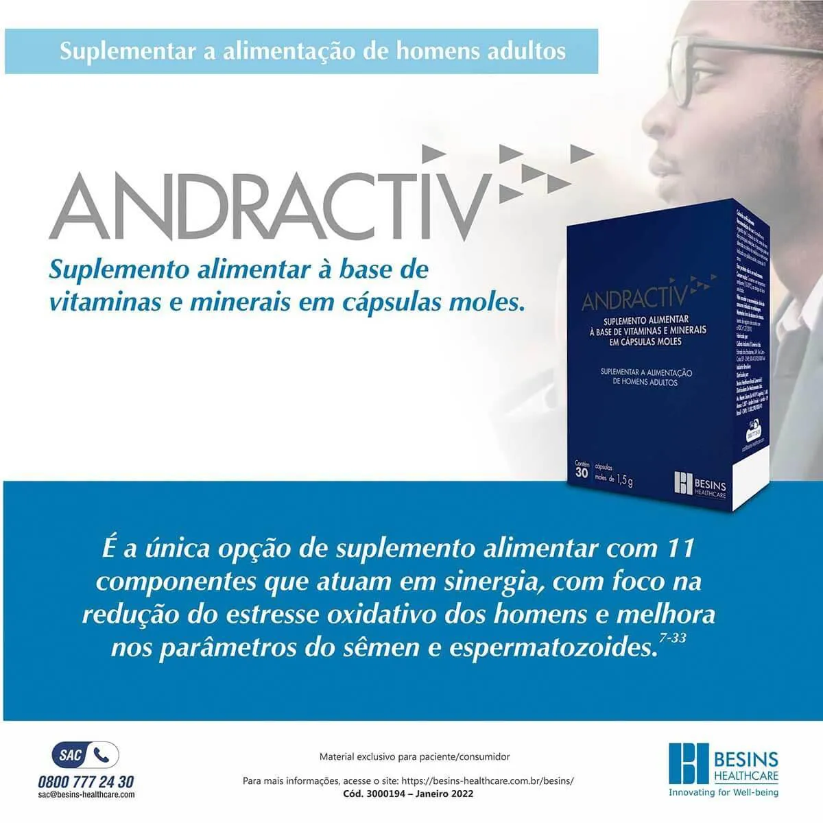 Suplemento Alimentar Andractiv Besins Healthcare com 30 cápsulas