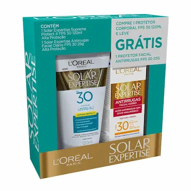 Kit Protetor Solar L'Oréal Solar Expertise com 1 Protetor Facial Antirrugas FPS 30 de 25g + 1 Protetor Corporal Protect 4 FPS 30 de 120ml