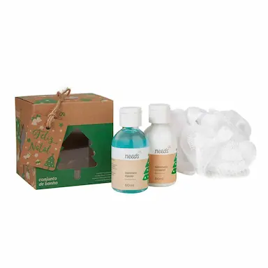 Kit Needs Natal Conjunto de Banho Brisa do Mar Hidratante Corporal com 60ml + Sabonete Líquido com 60ml + 1 Esponja