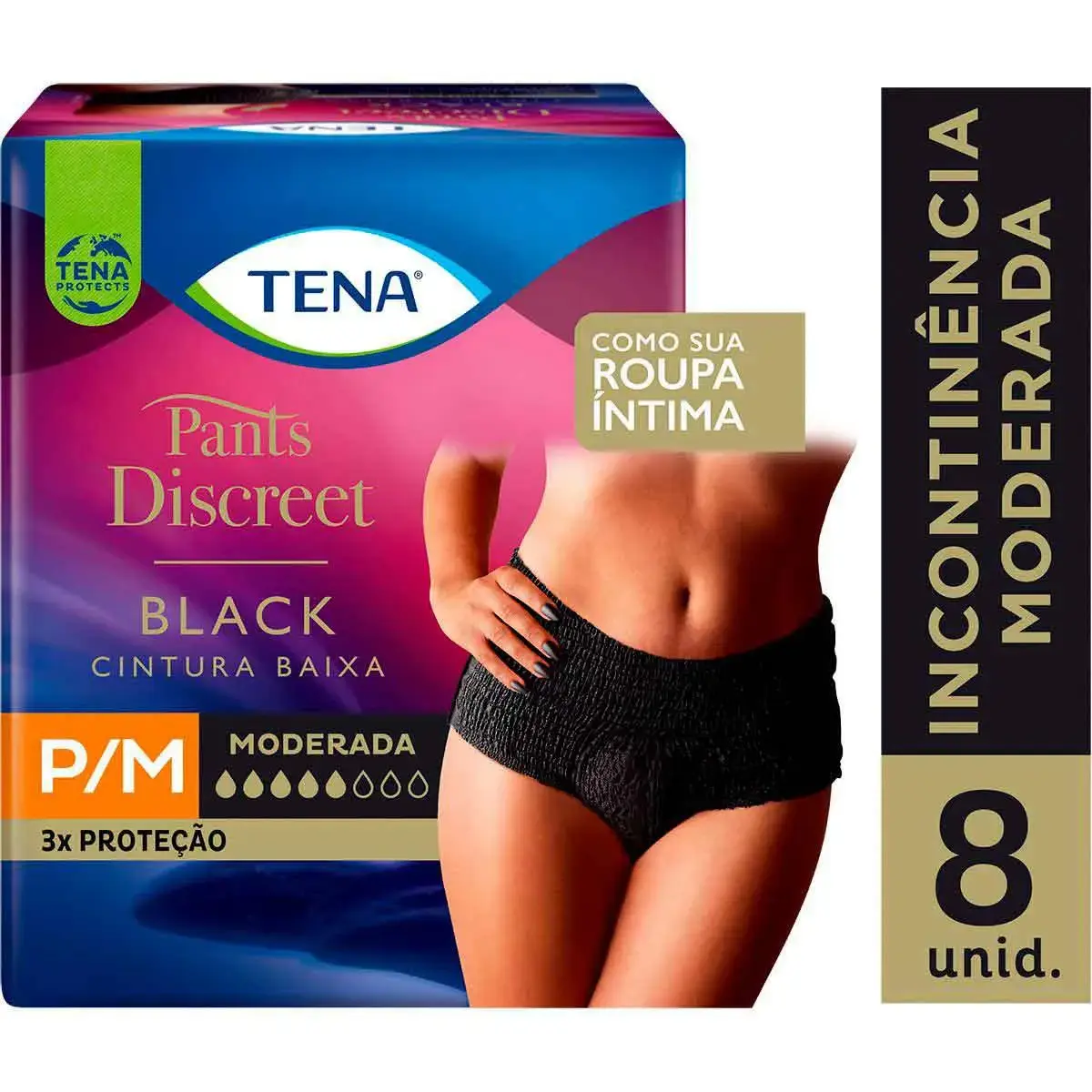 Roupa Íntima Feminina Tena Pants Discreet Black P/M 8 unidades