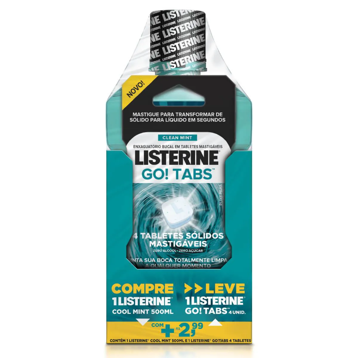 Kit Listerine Antisséptico Bucal Coll Mint com 500ml + Listerine Go Tabs com 4 tabletes mastigáveis
