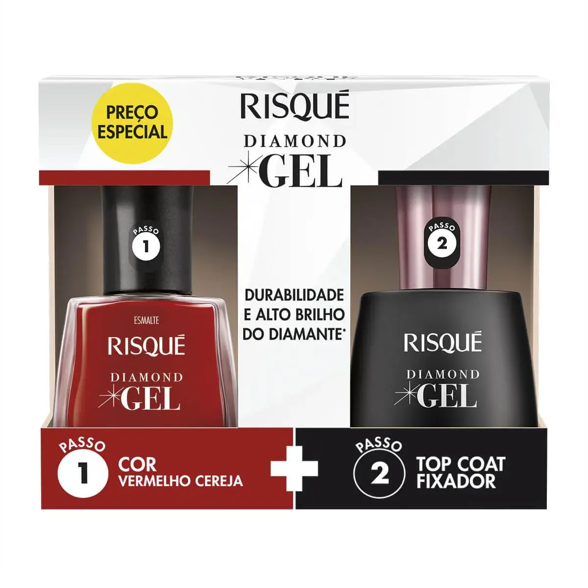Kit Esmalte Risqué Diamond Gel Vermelho Cereja + Top Coat Fixador com 9,5ml cada