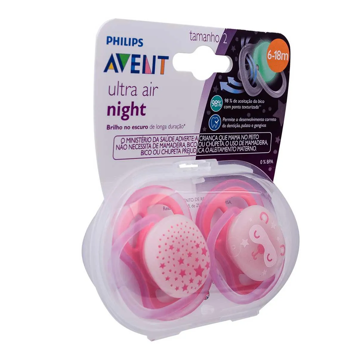 Chupeta Philips Avent Ultra Air Night 6 a 18 Meses Rosa com 2 unidades