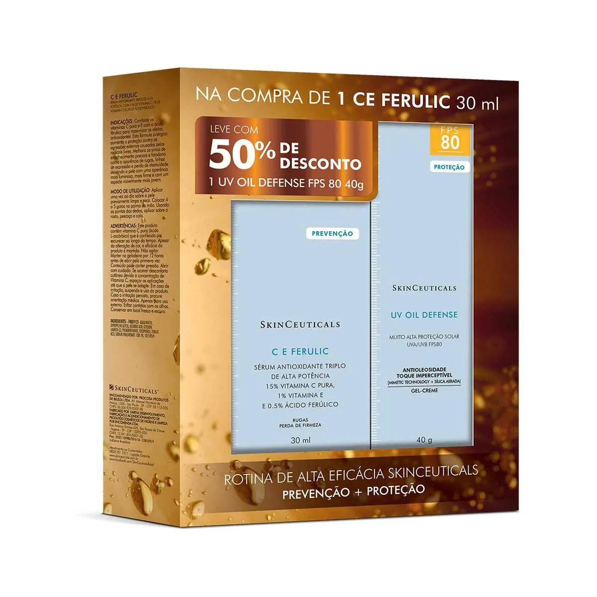 Kit SkinCeuticals Sérum CE Ferulic com 50ml + Protetor Solar UV Oil Defense FPS 80 Sem Cor com 40g