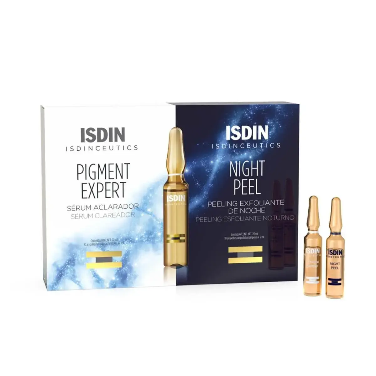 Kit Sérum Facial Clareador Isdin Pigment Expert Dia + Sérum Esfoliante Night Peel com 10 ampolas cada