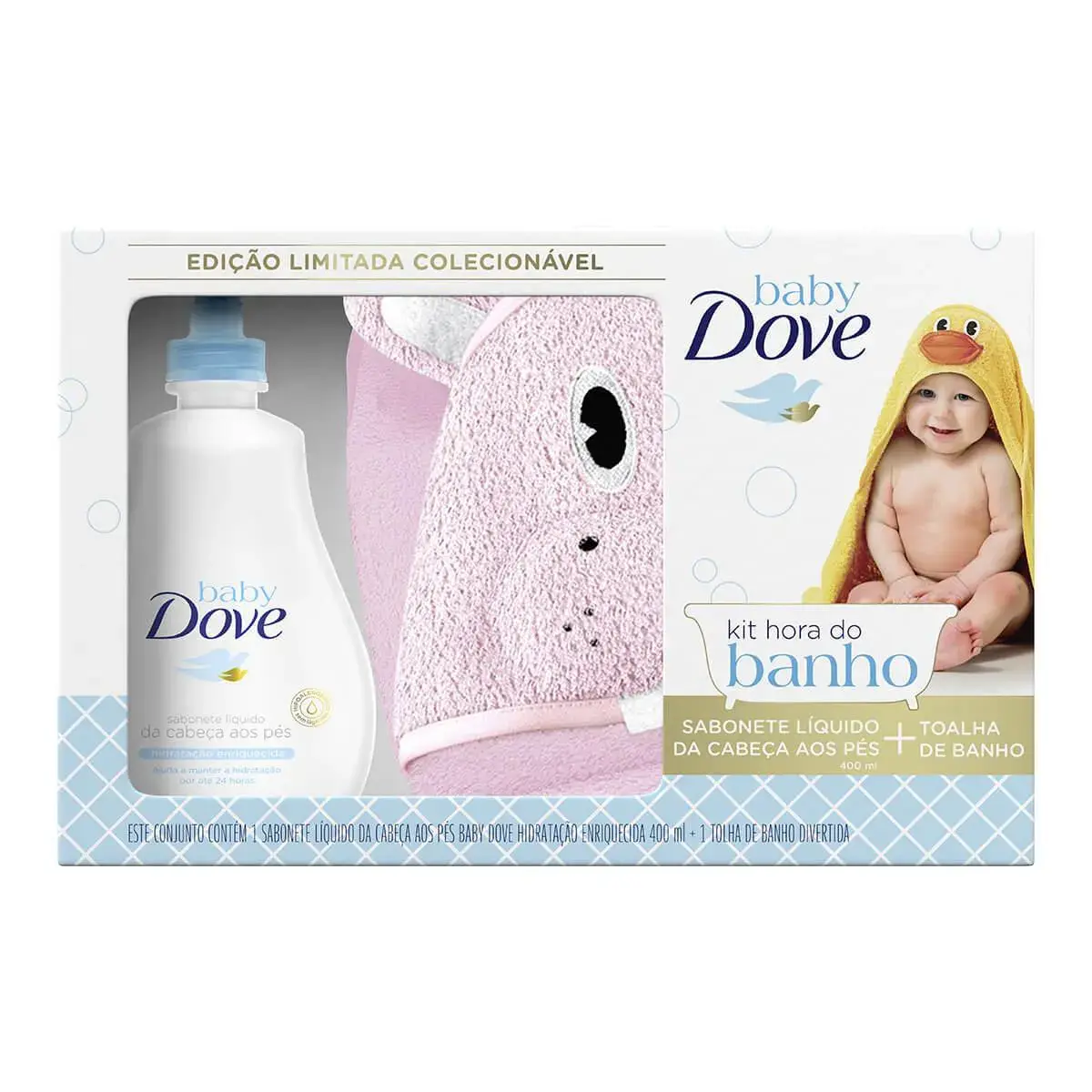 Kit Hora do Banho Dove Baby Sabonete Líquido + Toalha de Banho Hipopótamo