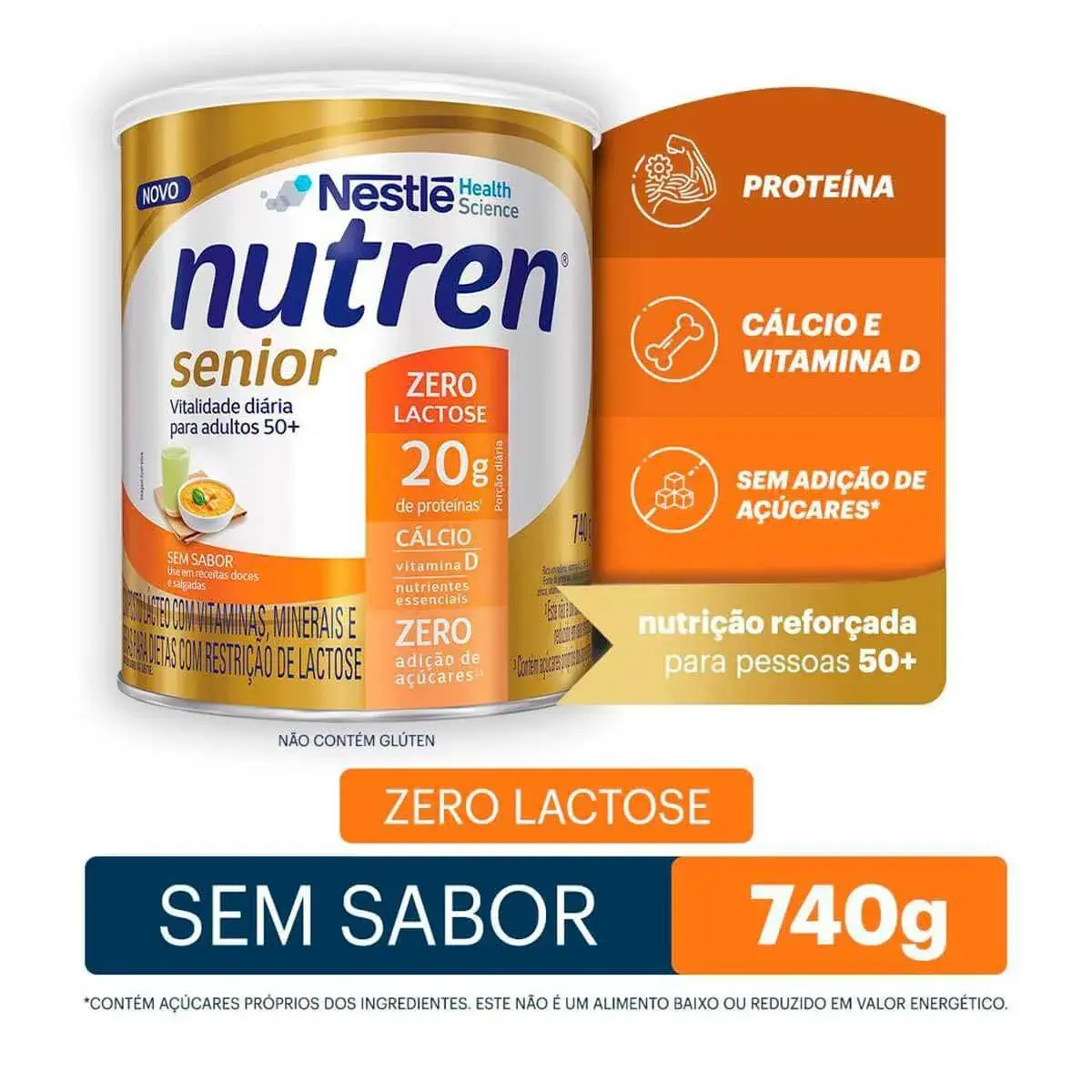 Complemento Alimentar Nutren Senior 50+ Sem Sabor Zero Lactose 740g