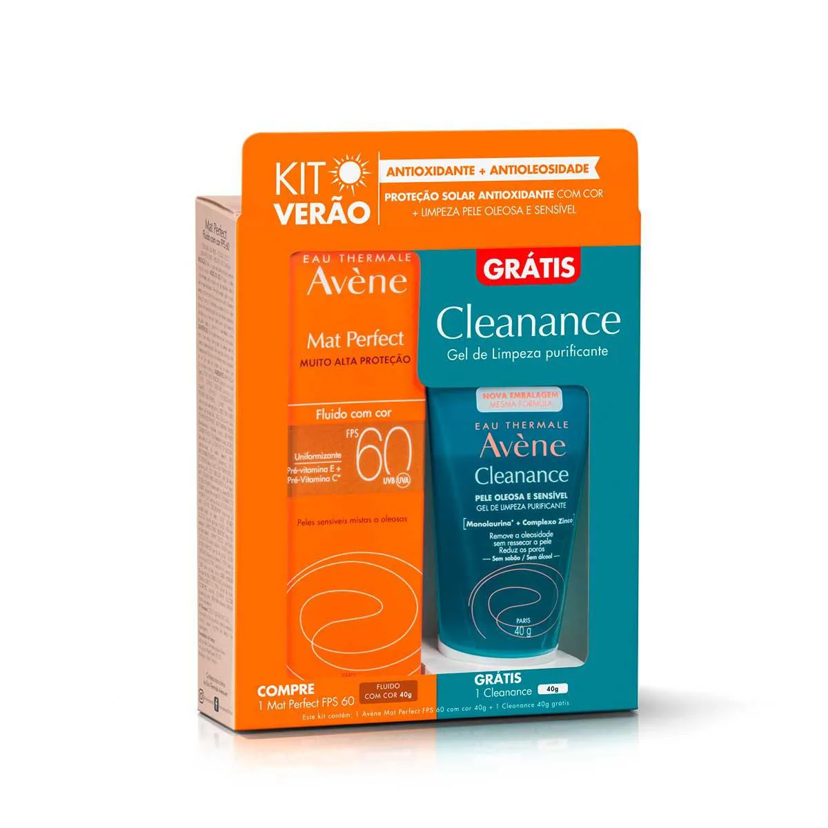 Kit Verão Avène Protetor Solar Facial Mat Perfect Fluido com Cor FPS 60 com 40g + Gel de Limpeza Facial Cleanance com 40g