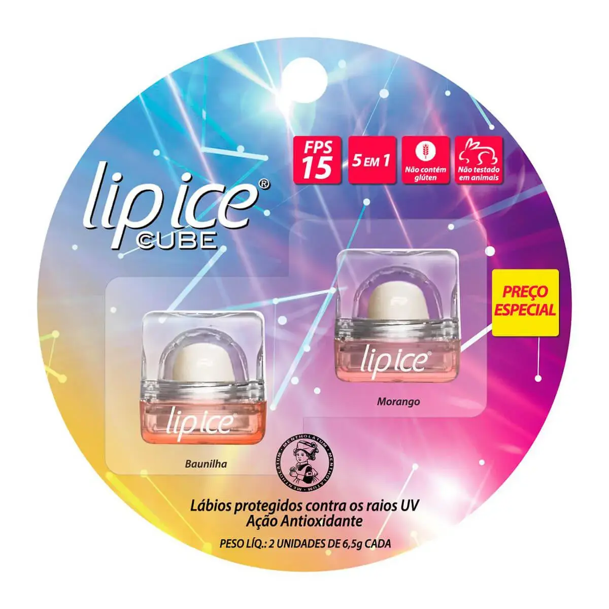 Kit Protetor Labial Lip Ice Cube FPS 15 com 2 Unidades Sabor Morango e Baunilha de 6,5g cada